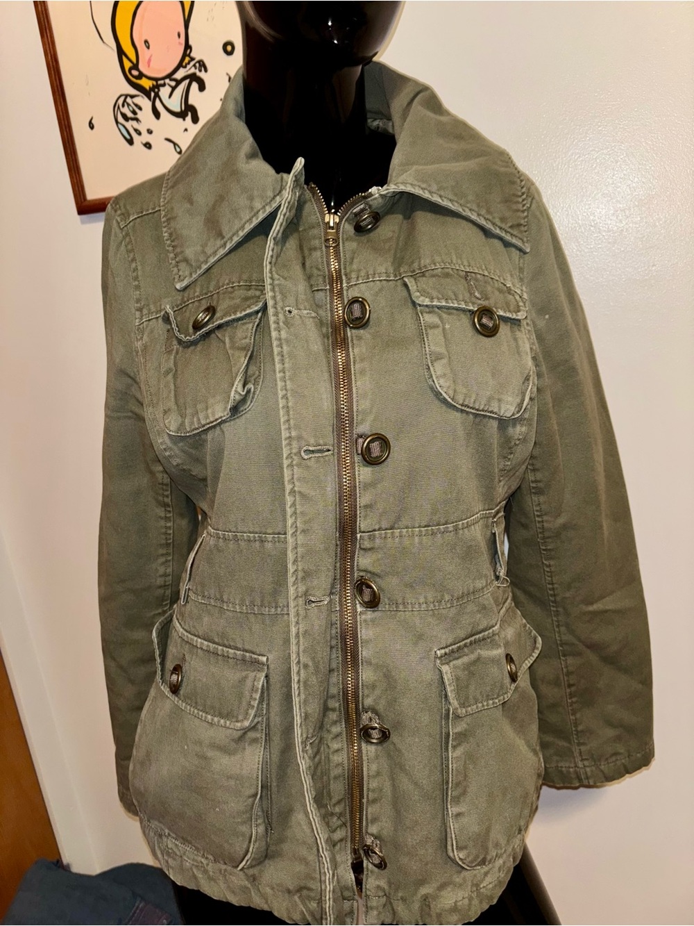 Yoki Olive Green Utility Jacket with Zip & Button Front